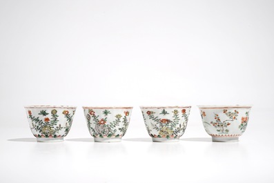 Four Chinese famille verte cups and saucers, Kangxi